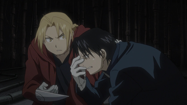 Fullmetal Alchemist Ed helping blind Mustang