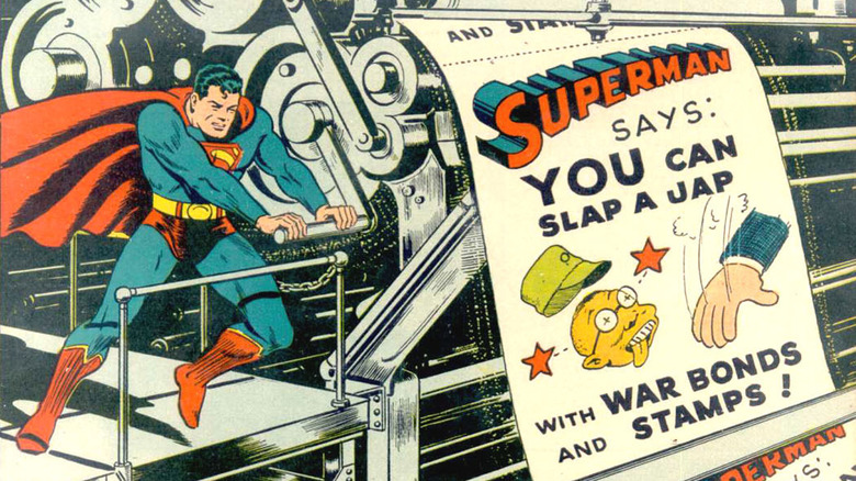 Superman operating a printing press