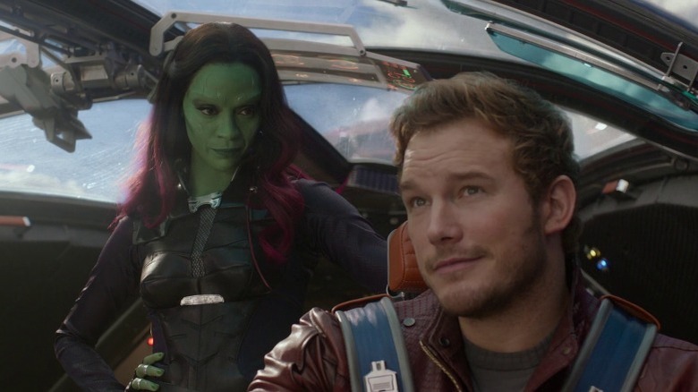 Gamora and Peter Quill smiling in Guardians of the Galaxy