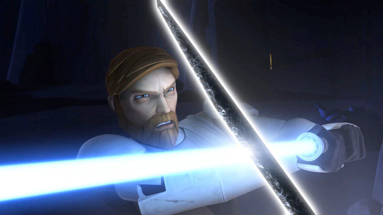 Kenobi fights against the darksaber in the Clone Wars episode The Mandalore Plot