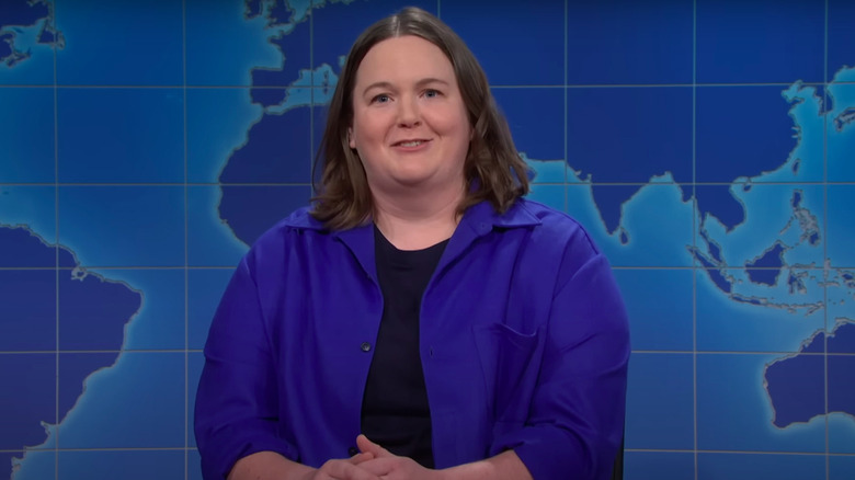 Molly Kearney at the Weekend Update desk on Saturday Night Live