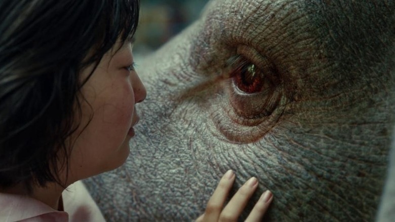 Mija looking into Okja's eye