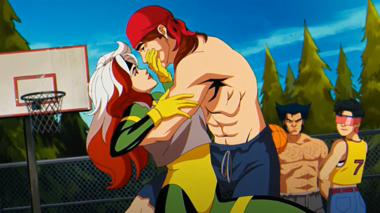 X-Men '97 Rogue embracing Gambit on the basketball court